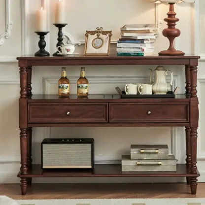 Vintage Solid Wood3-tier Console Table With Drawers Image - 3