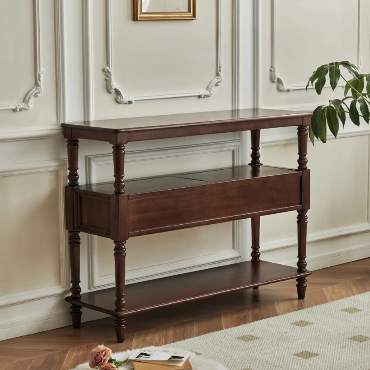 Vintage Solid Wood3-tier Console Table With Drawers Image - 4 | homeyfad