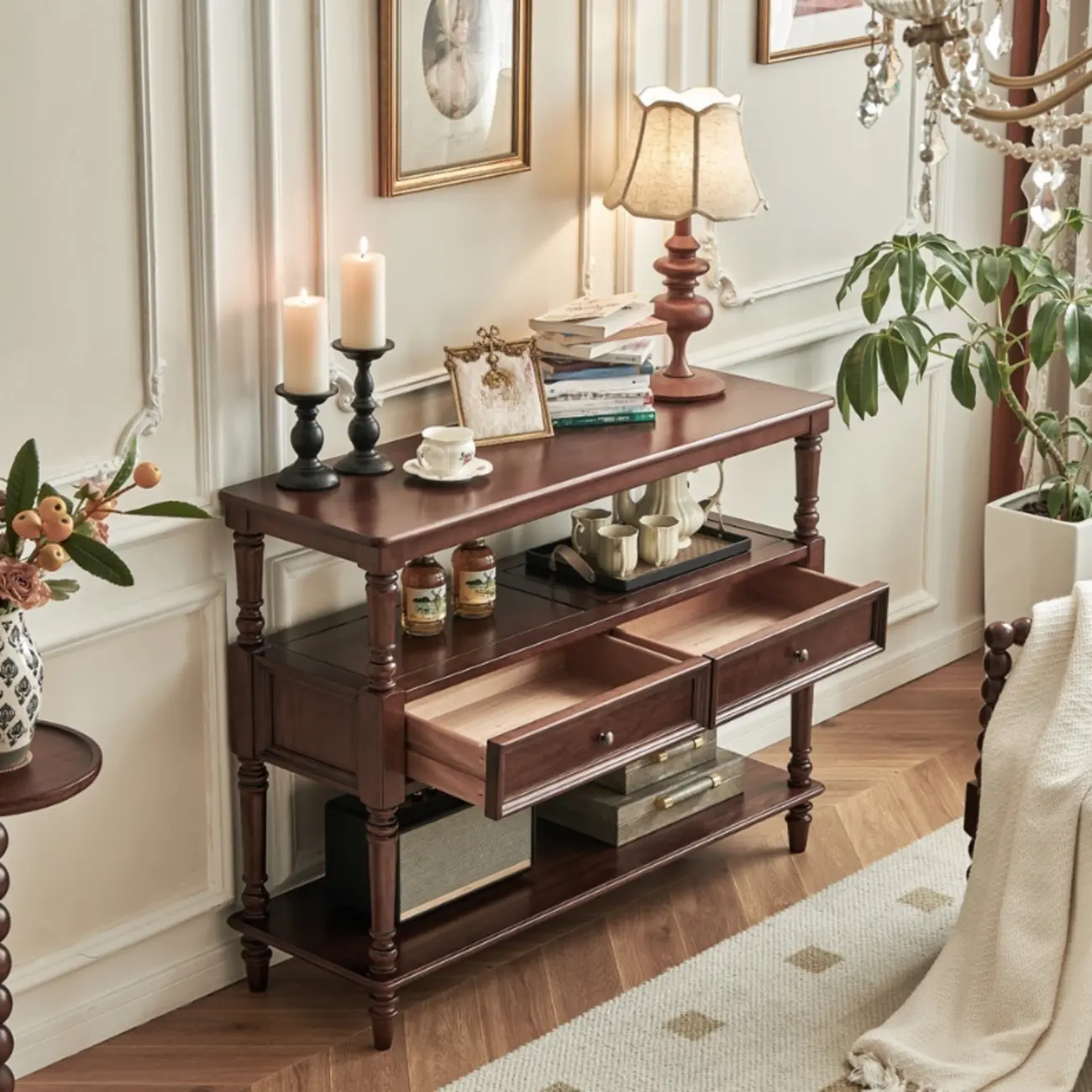 Vintage Solid Wood3-tier Console Table With Drawers Image - 5 | homeyfad