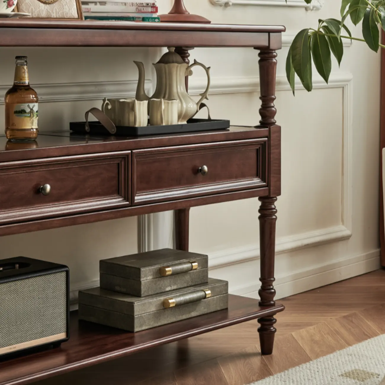 Vintage Solid Wood3-tier Console Table With Drawers Image - 7 | homeyfad