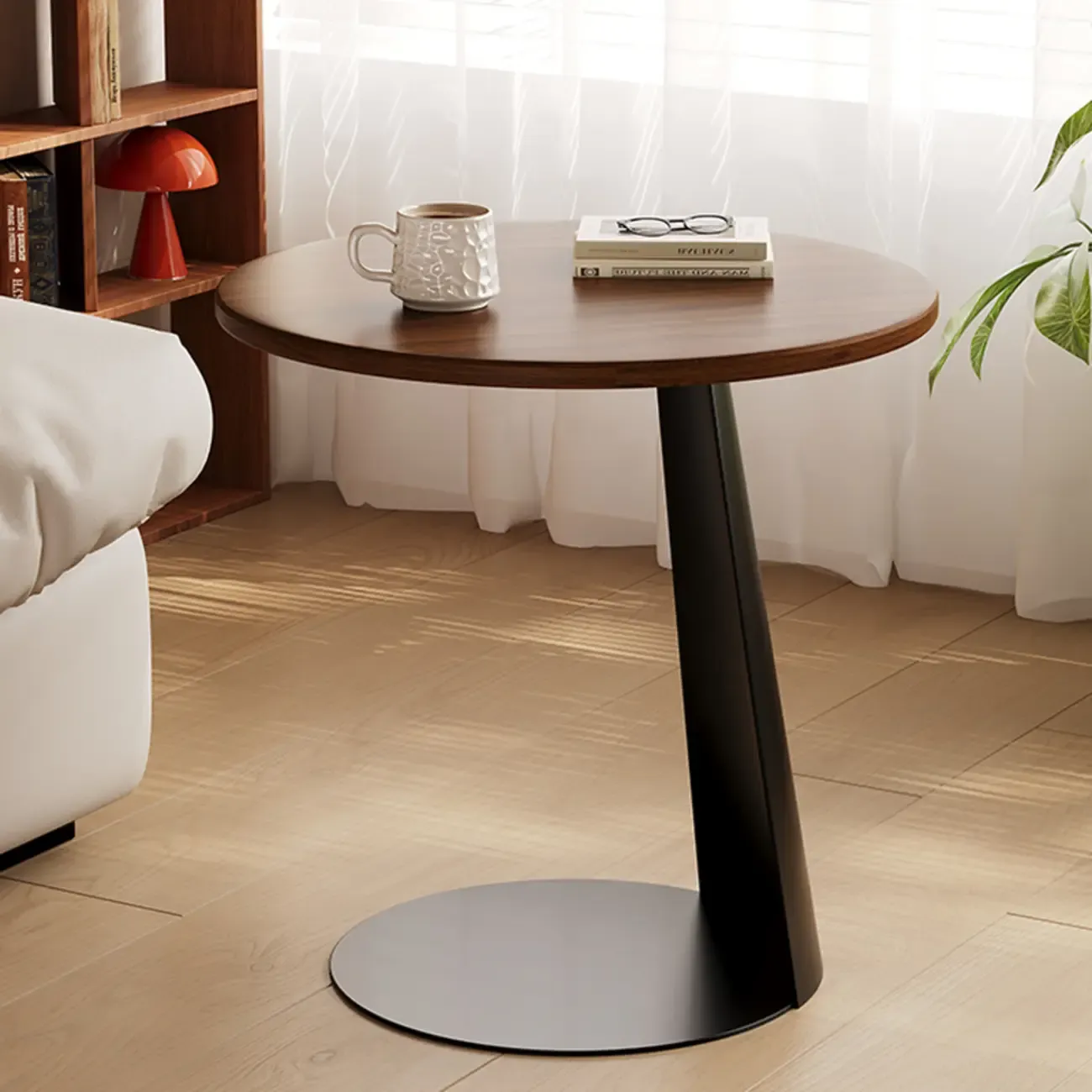 Modern Brown Ash Wood Round Chairside C Shaped Table Image - 2