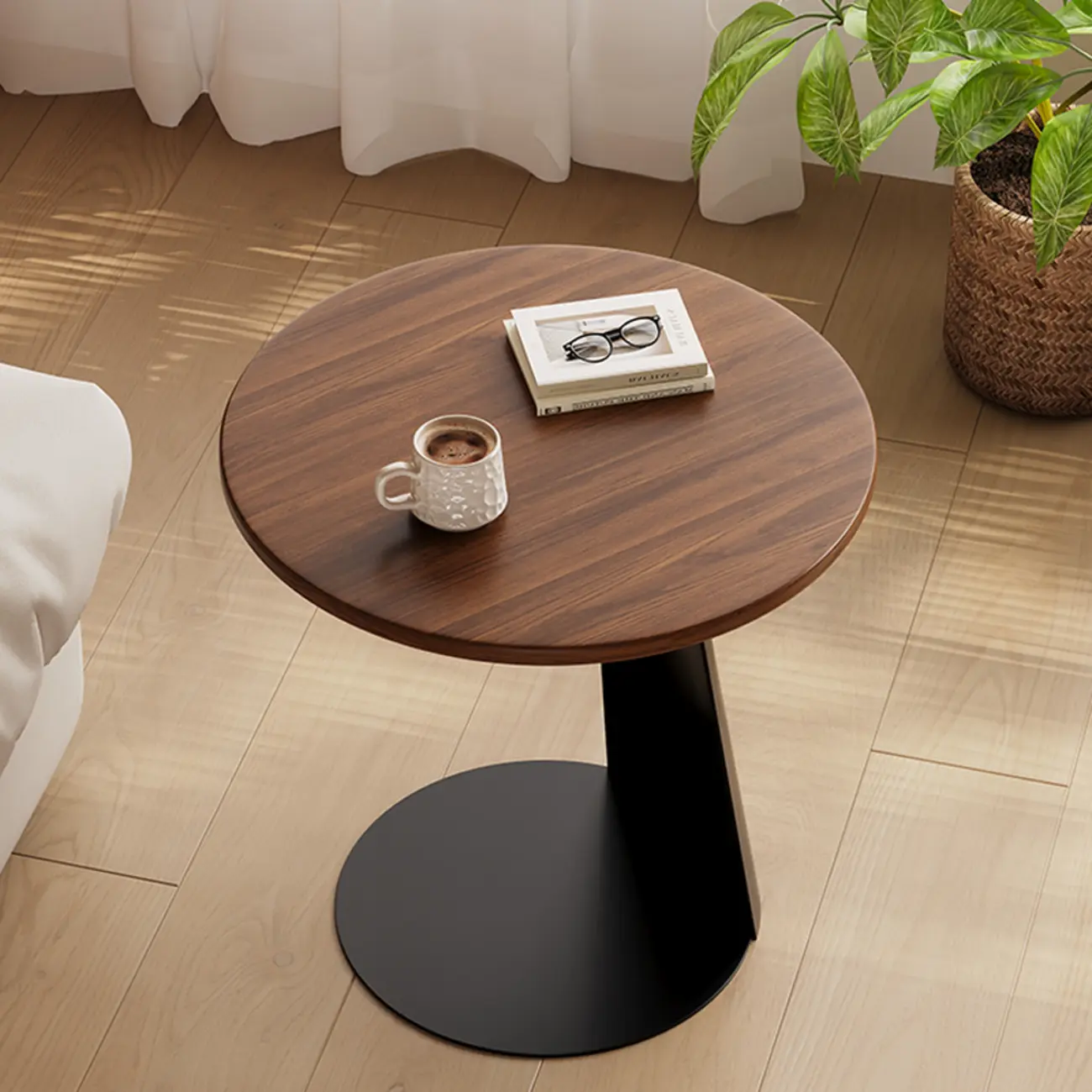 Modern Brown Ash Wood Round Chairside C Shaped Table Image - 5 | homeyfad