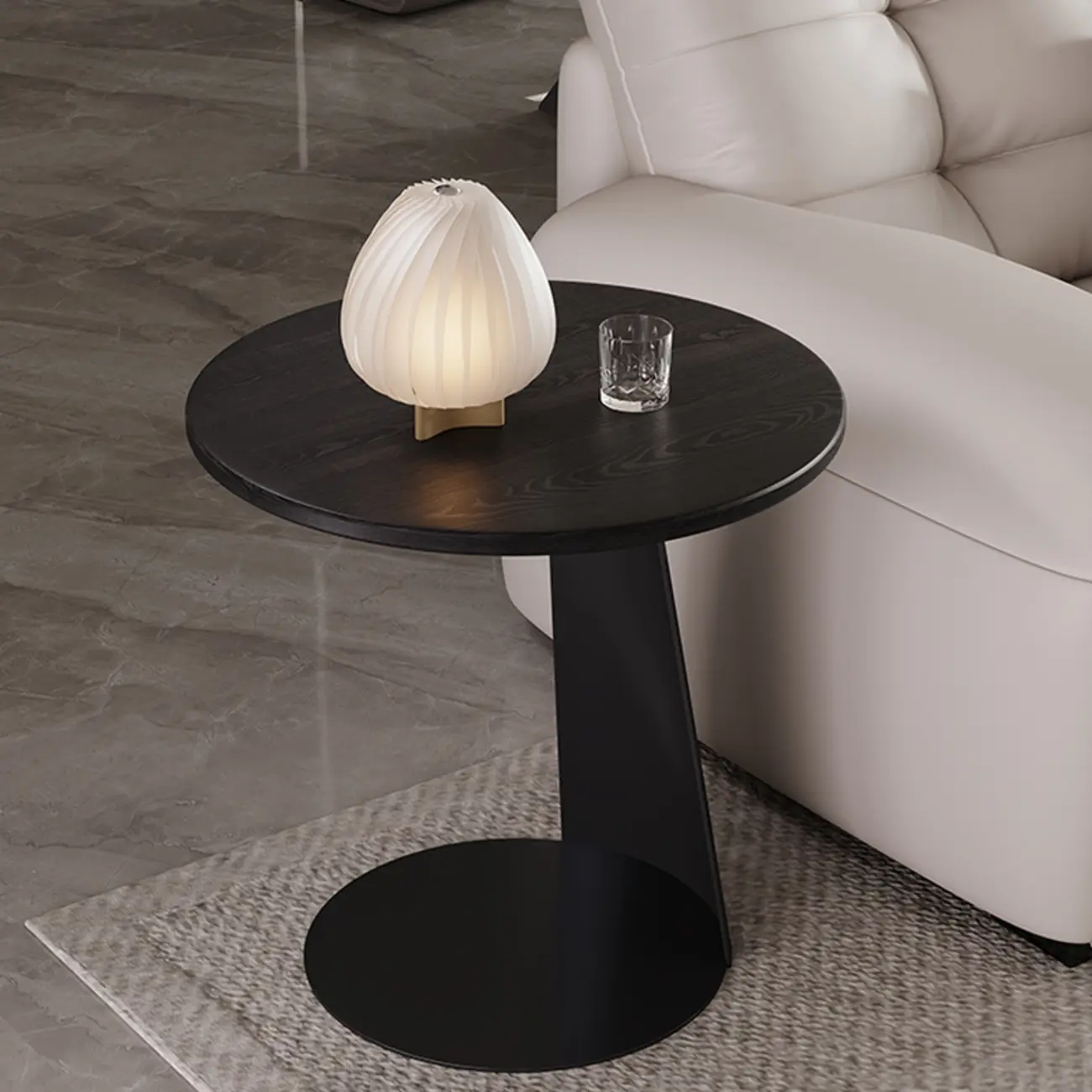 Black Minimalist Round Wood Steel C Shaped Side Table Image - 1 | homeyfad