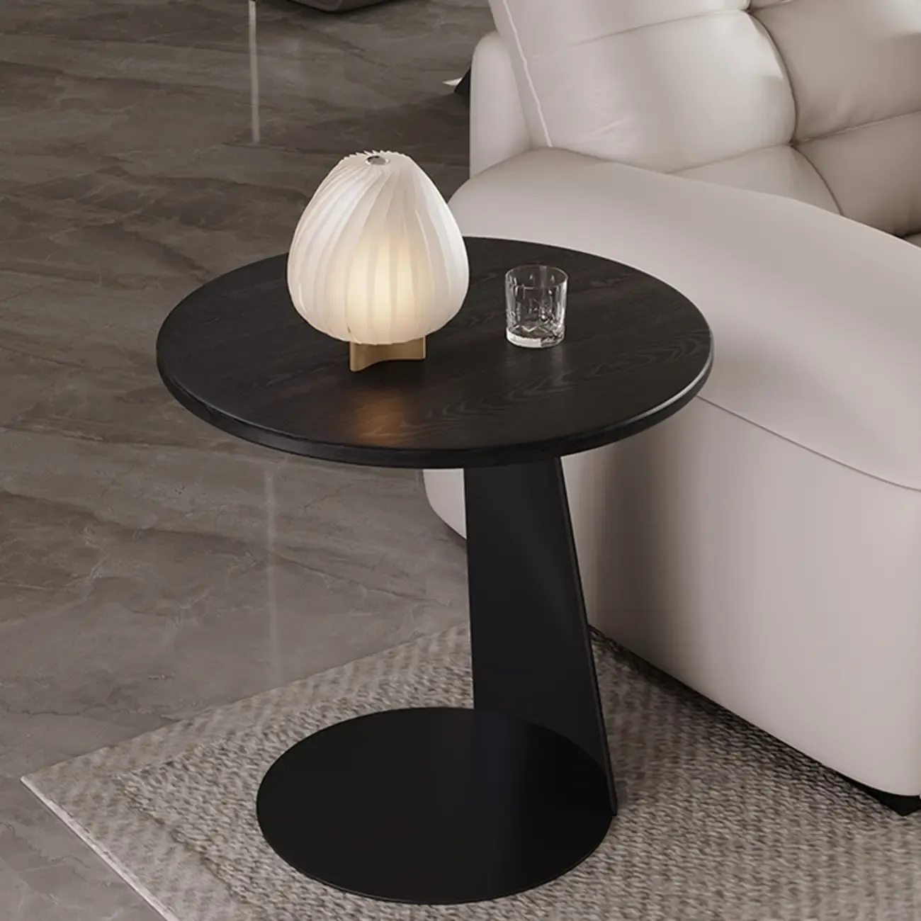 Black Minimalist Round Wood Steel C Shaped Side Table Image - 1
