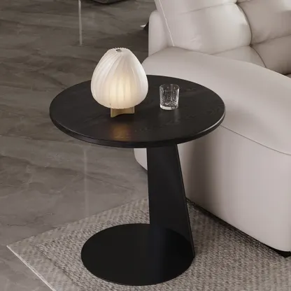 Black Minimalist Round Wood Steel C Shaped Side Table Image - 1