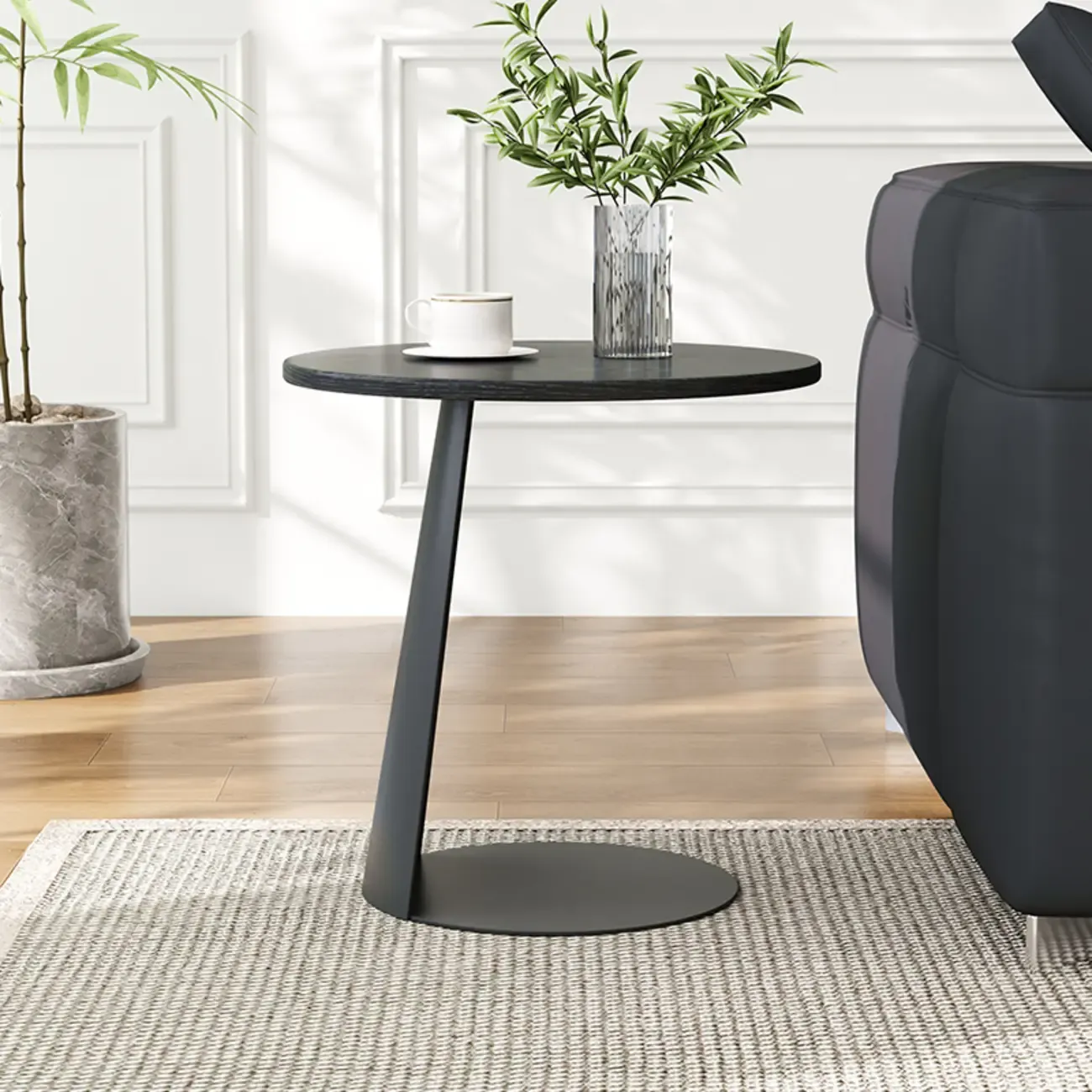 Black Minimalist Round Wood Steel C Shaped Side Table Image - 2