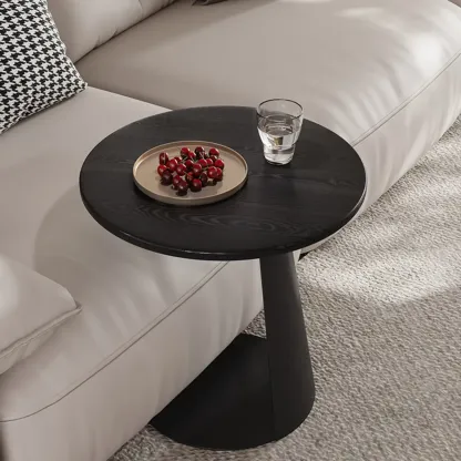 Black Minimalist Round Wood Steel C Shaped Side Table Image - 3
