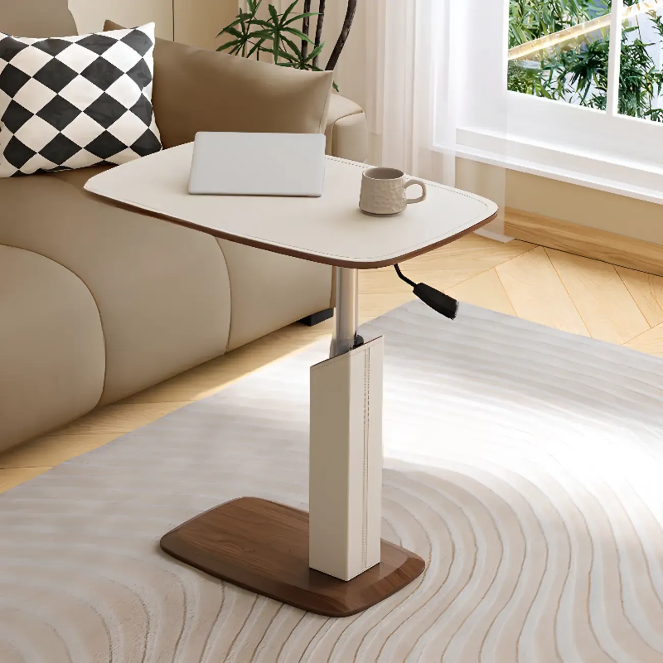 Adjustable Height Walnut Wood C Table for Living Room Image - 3