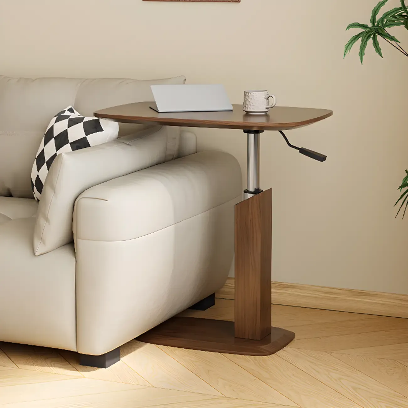 Adjustable Height Walnut Wood C Table for Living Room Image - 6