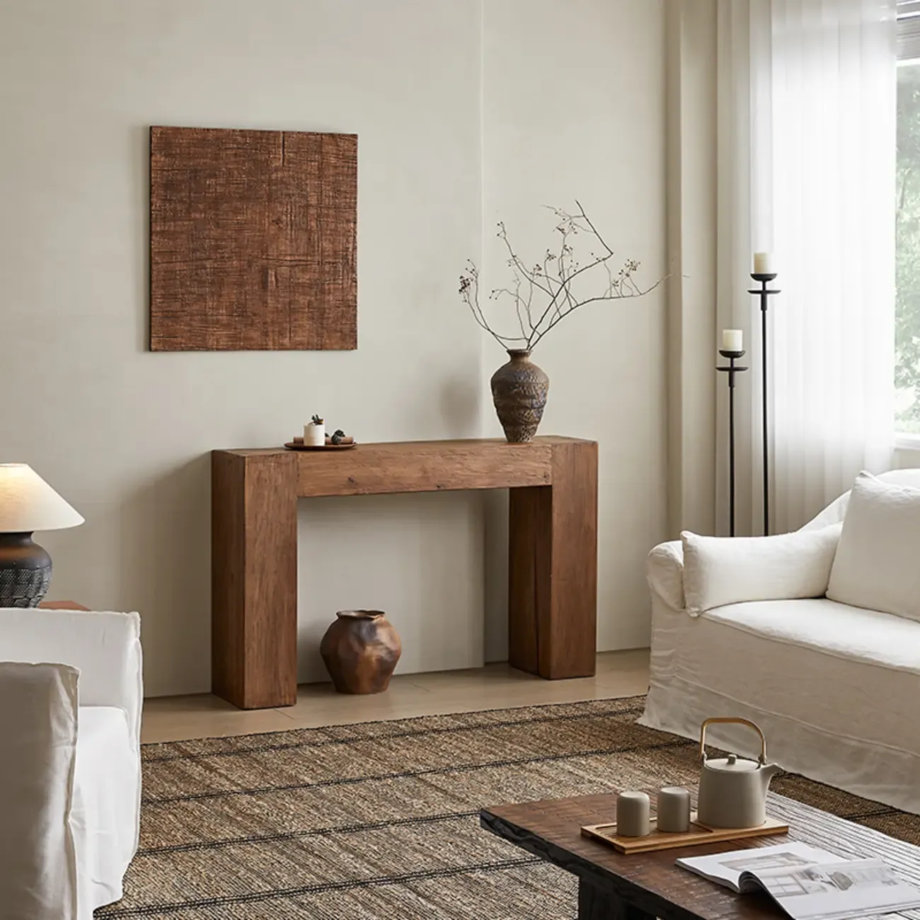 Brown Tan Rectangle Wood Living Room Console Table Image - 1