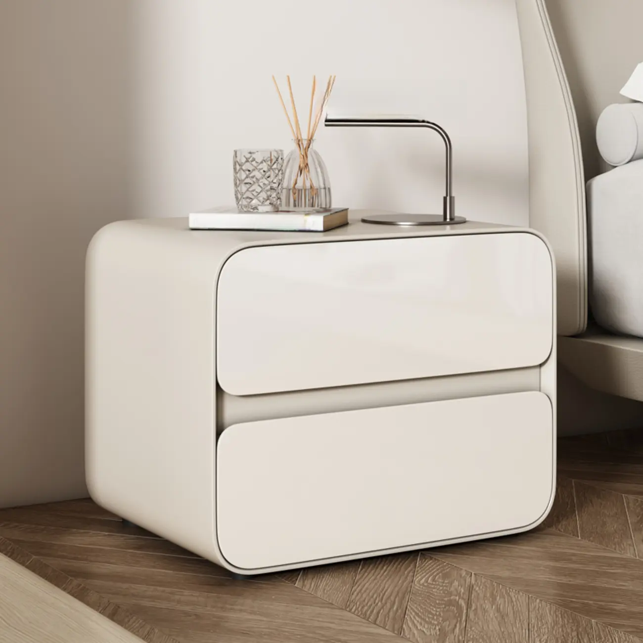 White Art Deco Faux Leather Top Storage Nightstand Image - 2 | homeyfad