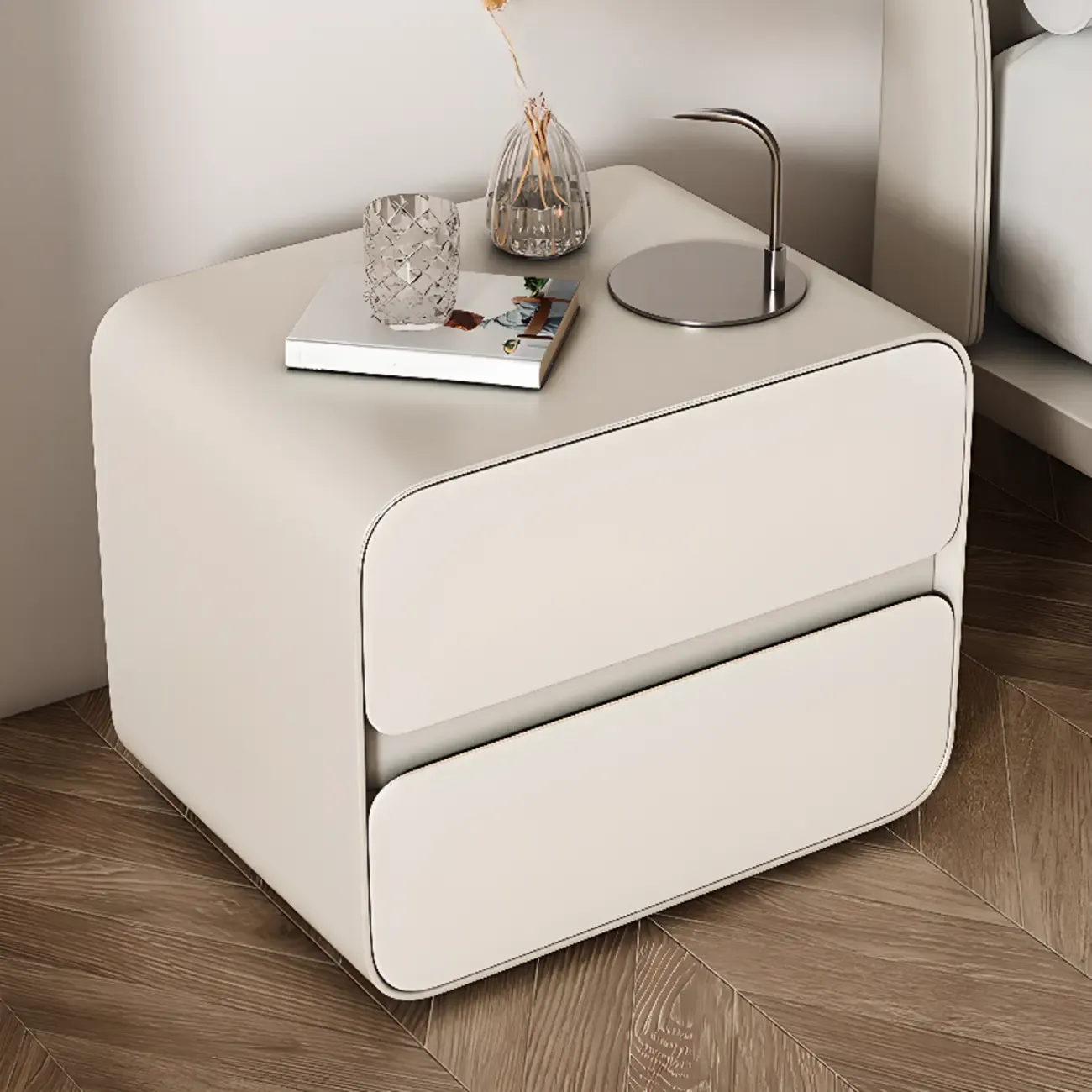 White Art Deco Faux Leather Top Storage Nightstand Image - 3