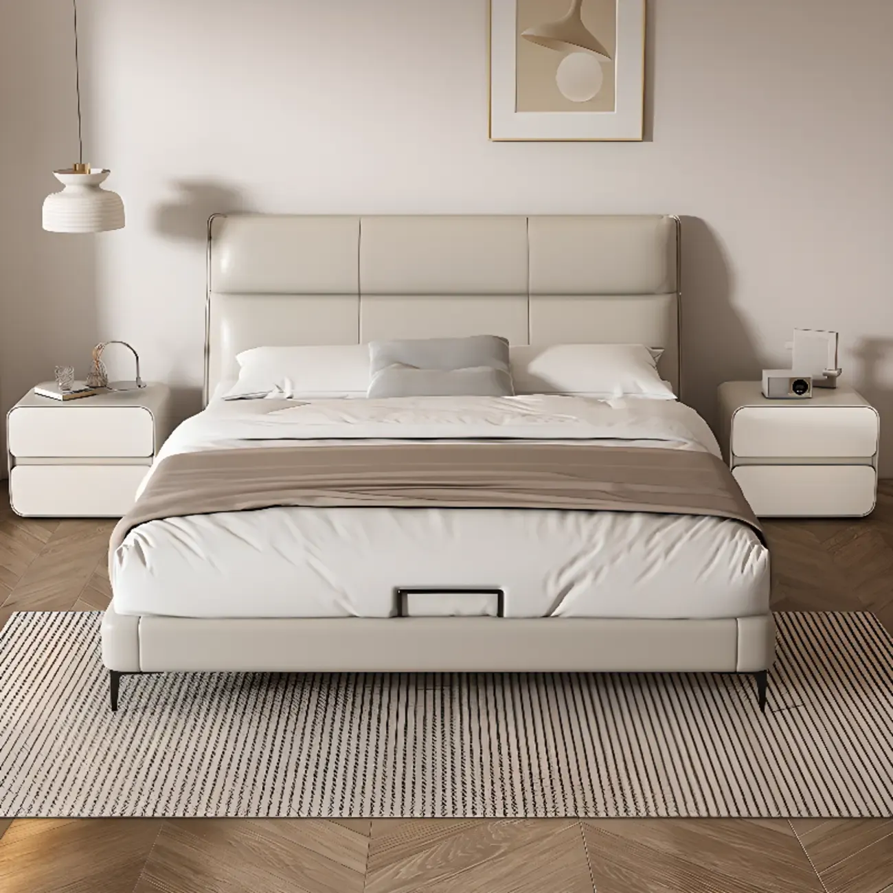 White Art Deco Faux Leather Top Storage Nightstand Image - 5