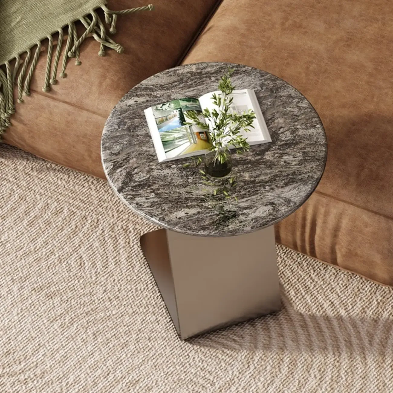 Contemporary C Shaped Stone Stainless Steel Side Table Image - 2