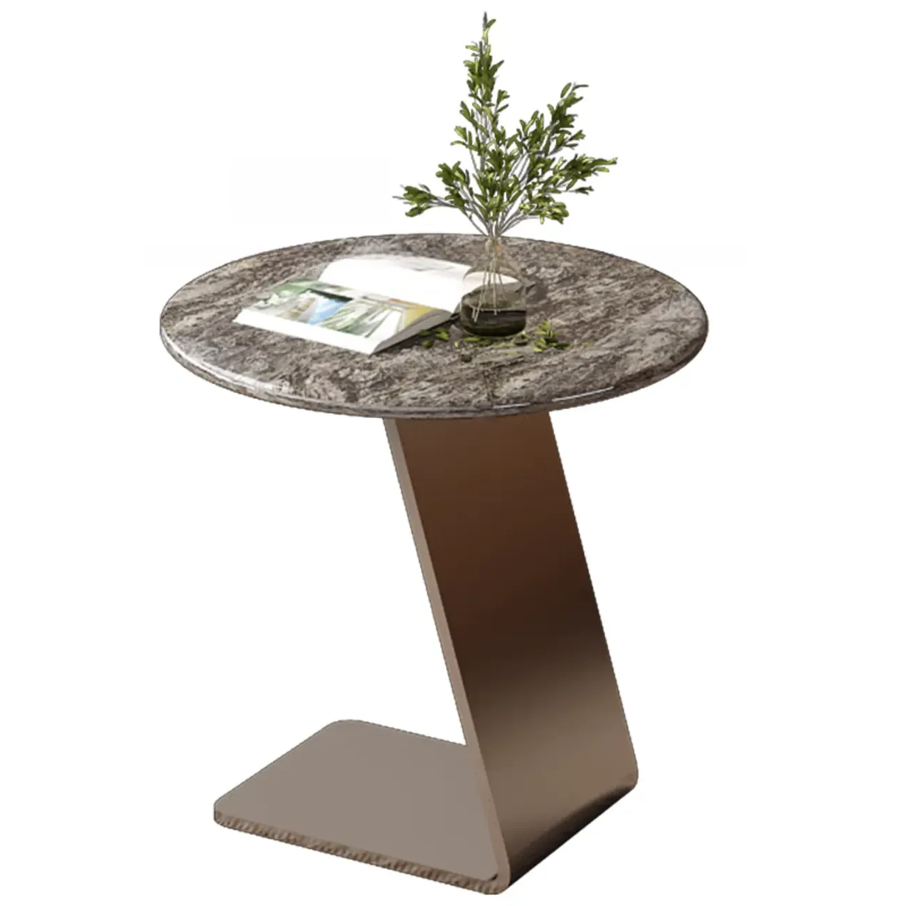 Contemporary C Shaped Stone Stainless Steel Side Table Image - 3