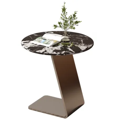 Contemporary C Shaped Stone Stainless Steel Side Table Image - 4