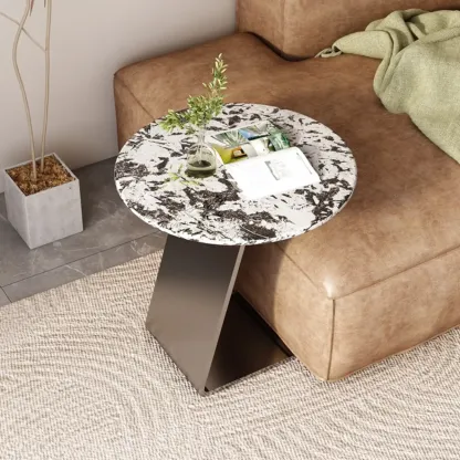 Contemporary C Shaped Stone Stainless Steel Side Table Image - 1
