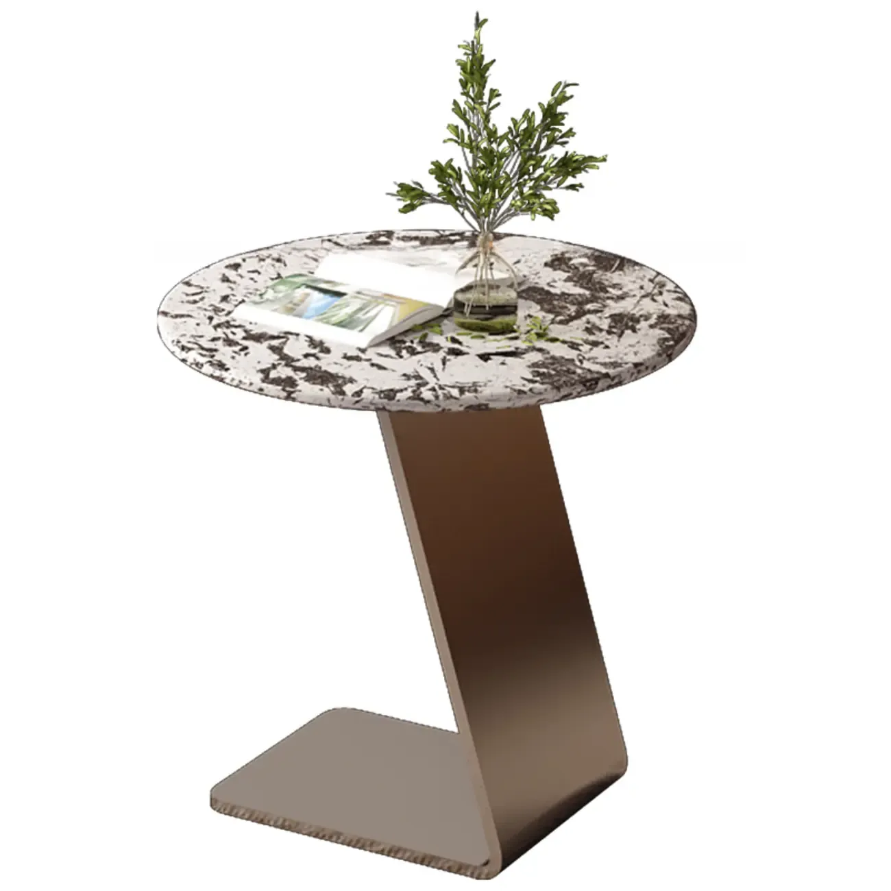 Contemporary C Shaped Stone Stainless Steel Side Table Image - 5