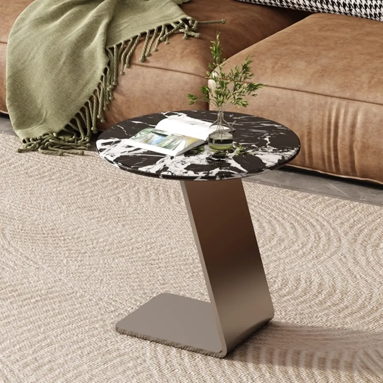 Contemporary C Shaped Stone Stainless Steel Side Table Image - 6