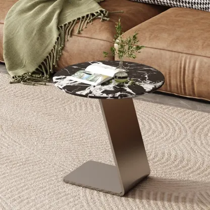 Contemporary C Shaped Stone Stainless Steel Side Table Image - 6