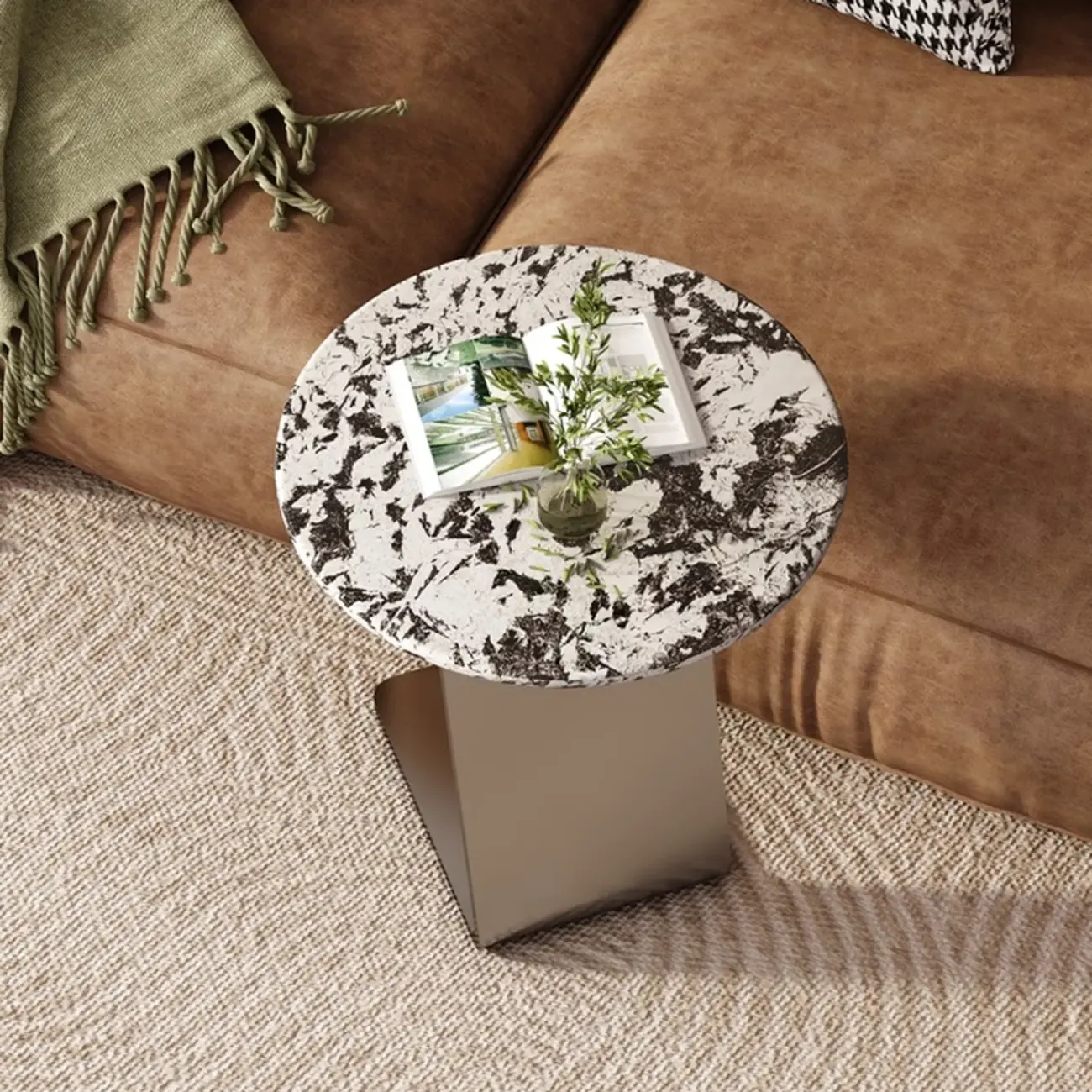 Contemporary C Shaped Stone Stainless Steel Side Table Image - 7