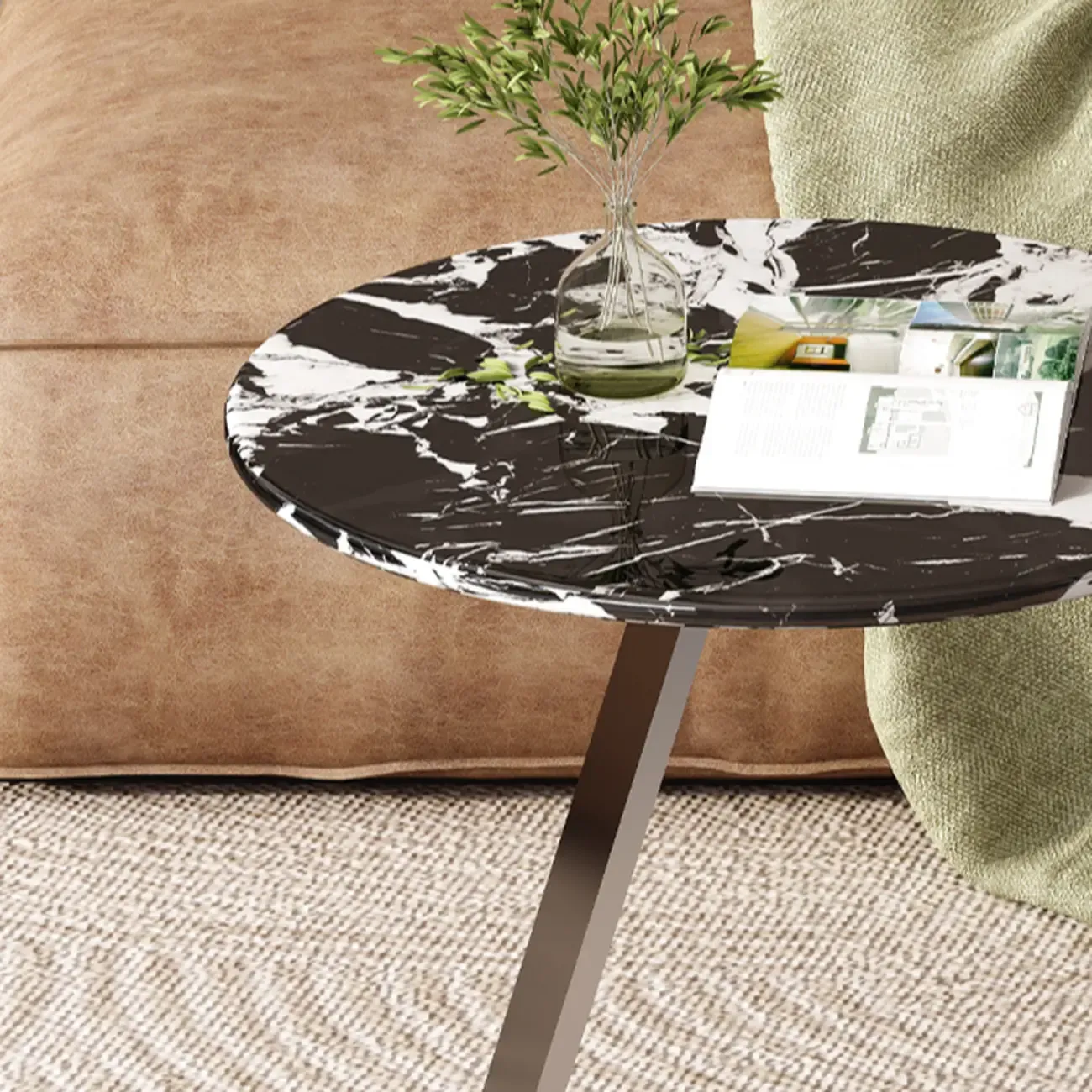 Contemporary C Shaped Stone Stainless Steel Side Table Image - 8