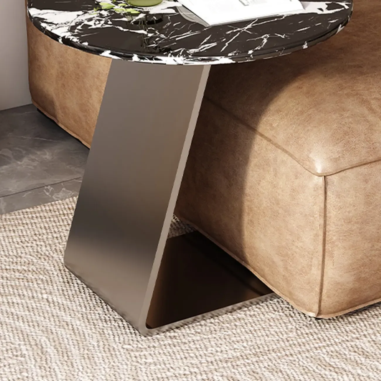 Contemporary C Shaped Stone Stainless Steel Side Table Image - 11