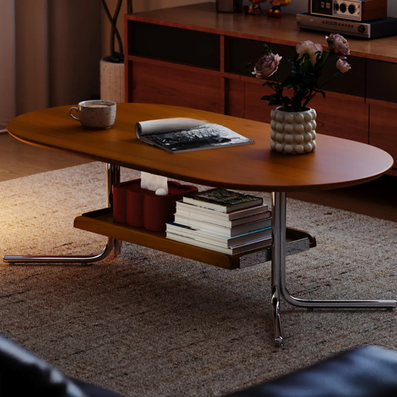 Oval Mid-Century Modern 2-tier Wood Coffee Table Metal Legs Image - 1 | homeyfad