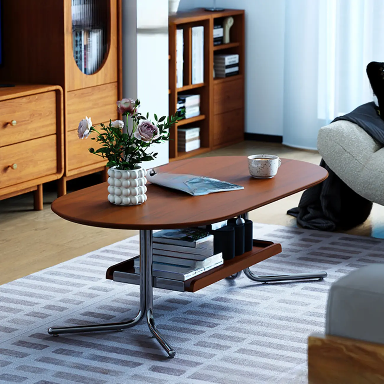 Oval Mid-Century Modern 2-tier Wood Coffee Table Metal Legs Image - 3 | homeyfad