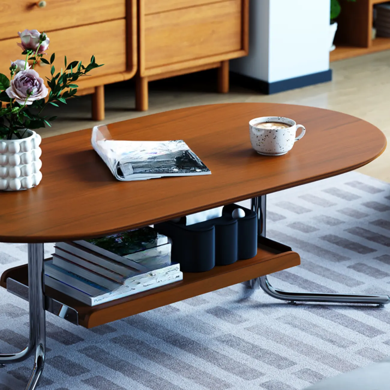 Oval Mid-Century Modern 2-tier Wood Coffee Table Metal Legs Image - 5 | homeyfad