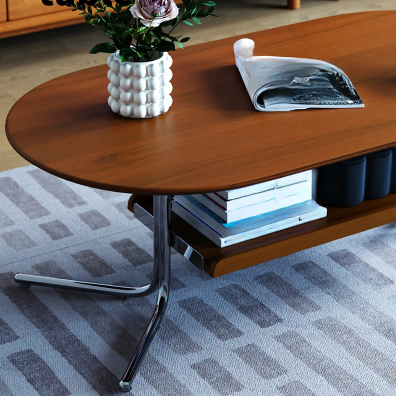 Oval Mid-Century Modern 2-tier Wood Coffee Table Metal Legs Image - 6 | homeyfad