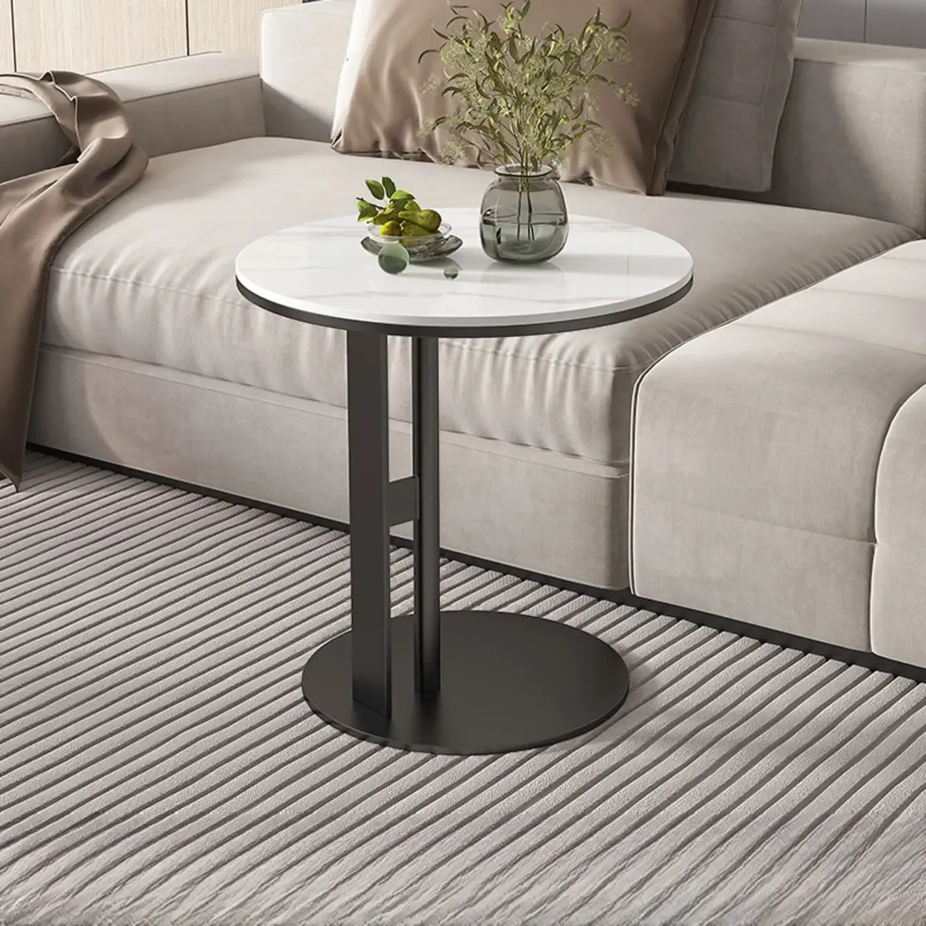 Modern C Shaped Round Sintered Stone Top Steel End Table Image - 2