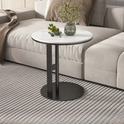 Modern C Shaped Round Sintered Stone Top Steel End Table Image - 2