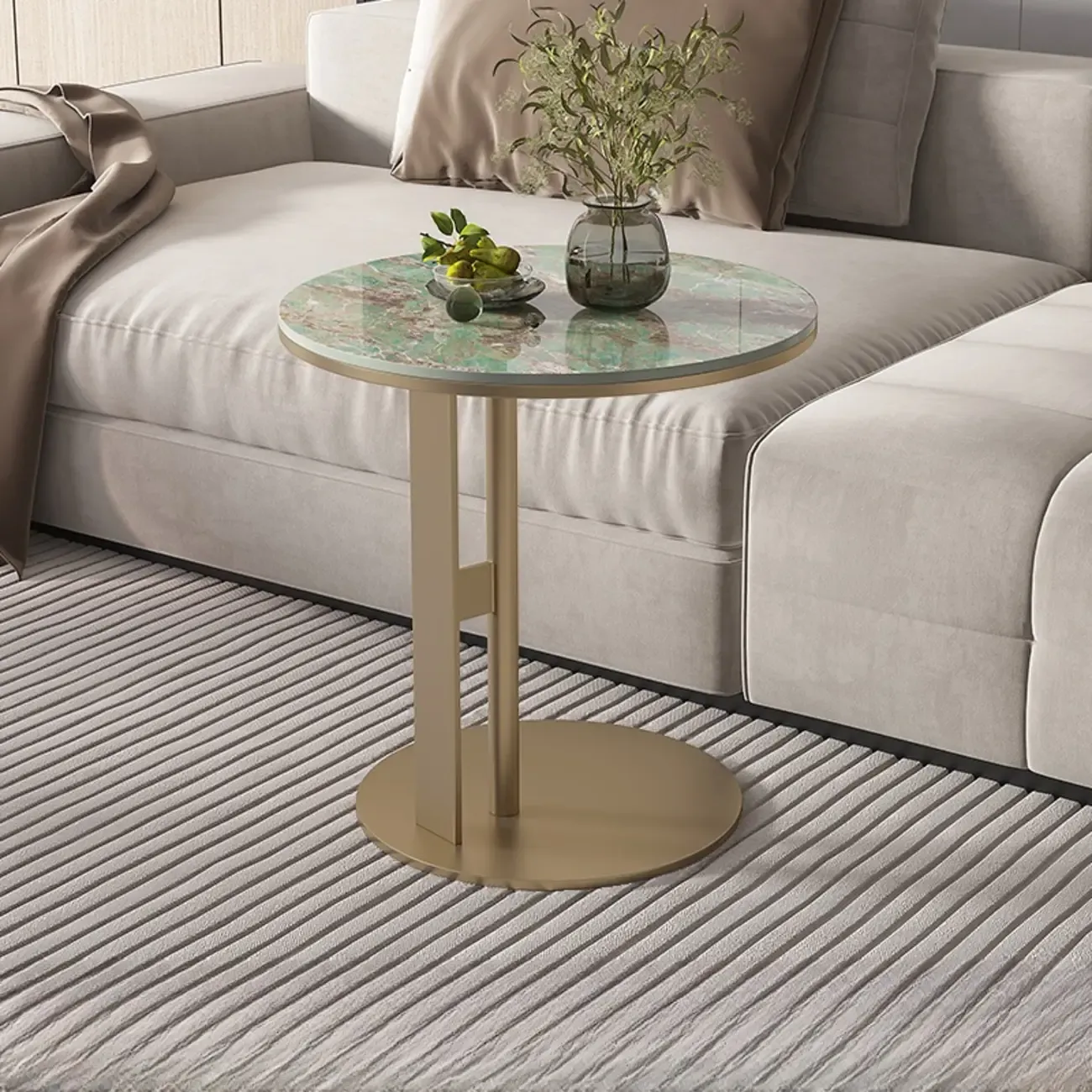 Modern C Shaped Round Sintered Stone Top Steel End Table Image - 5