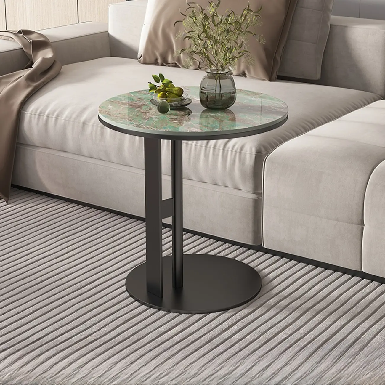 Modern C Shaped Round Sintered Stone Top Steel End Table Image - 7 | homeyfad