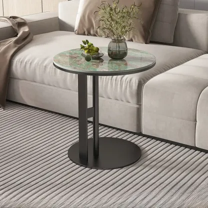 Modern C Shaped Round Sintered Stone Top Steel End Table Image - 7