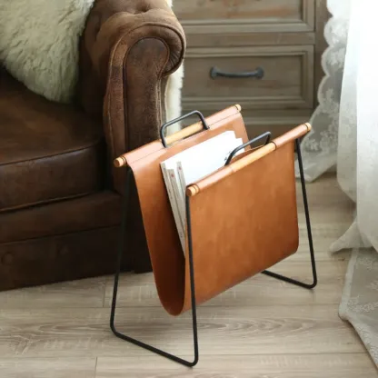 Mid-century Modern Leather Ladder Portable Magazine Rack Image - 1