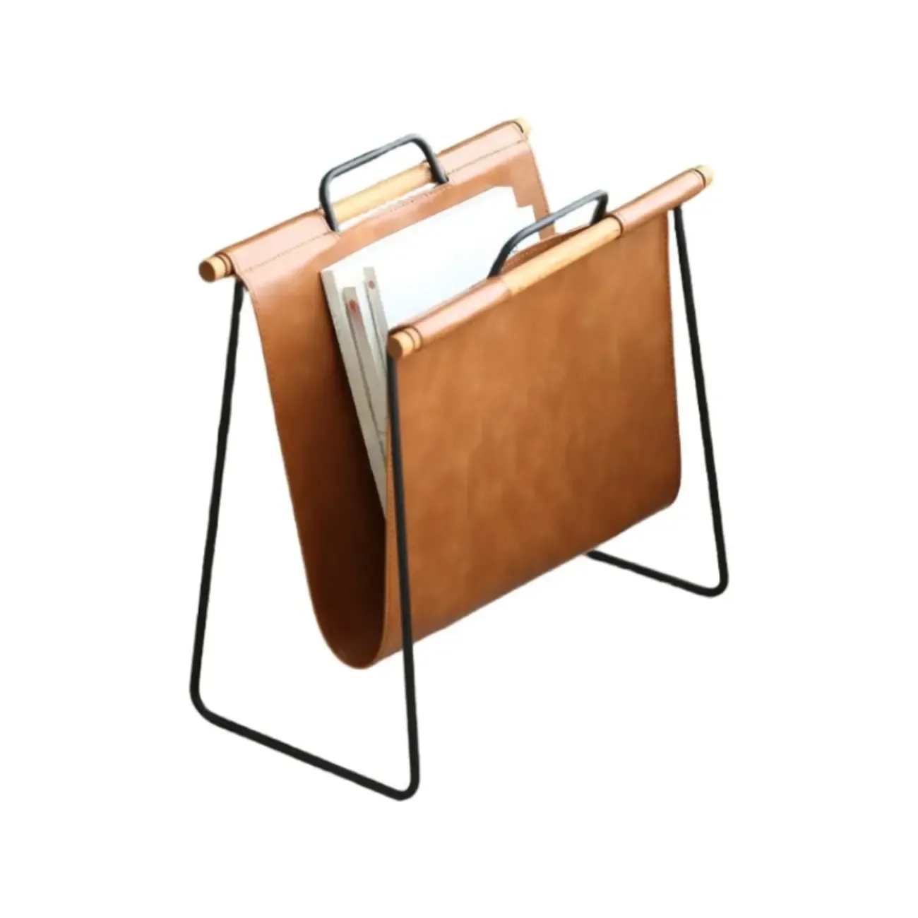 Mid-century Modern Leather Ladder Portable Magazine Rack Image - 2