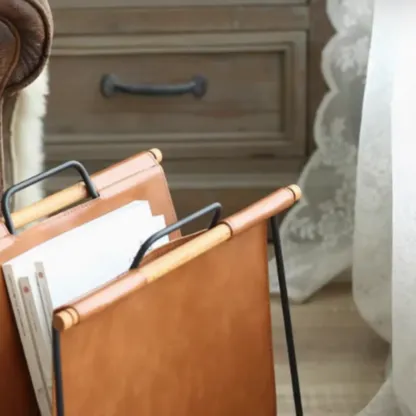 Mid-century Modern Leather Ladder Portable Magazine Rack Image - 4