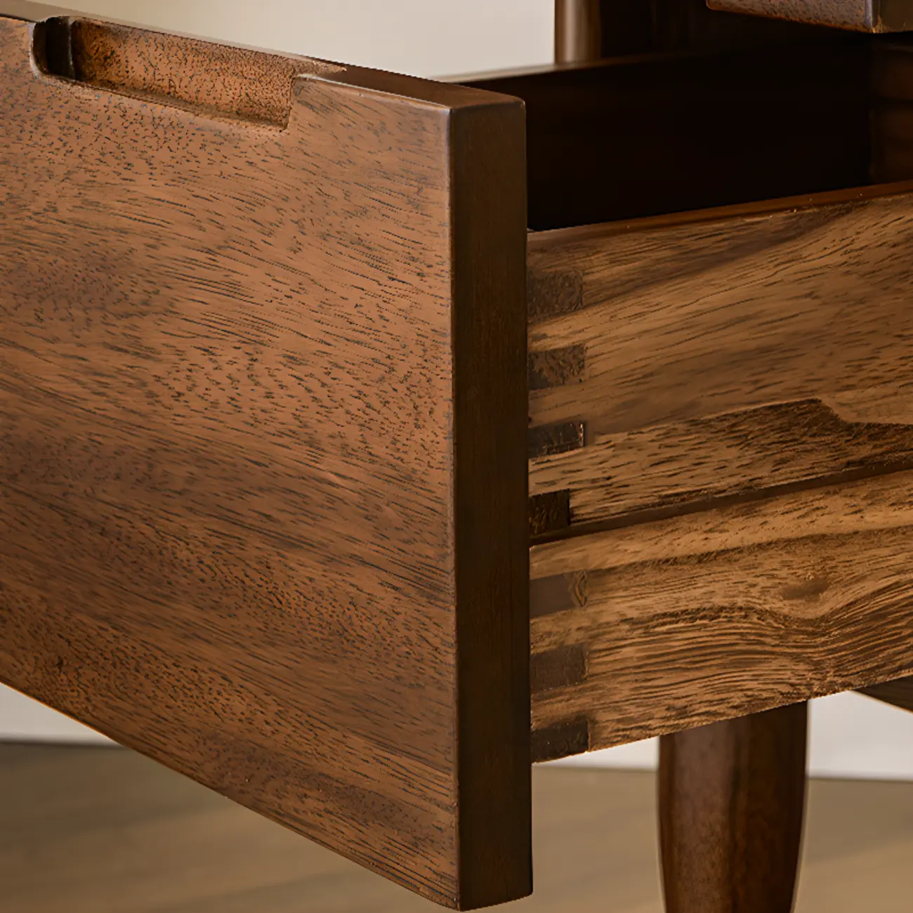 Art Deco Brown Wood Top 2 Drawer Nightstand with Legs Image - 10 | homeyfad