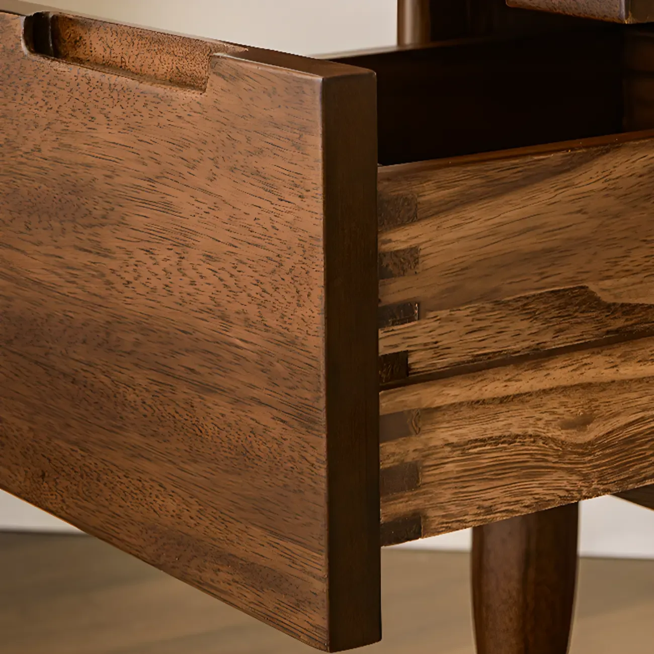 Art Deco Brown Wood Top 2 Drawer Nightstand with Legs Image - 10