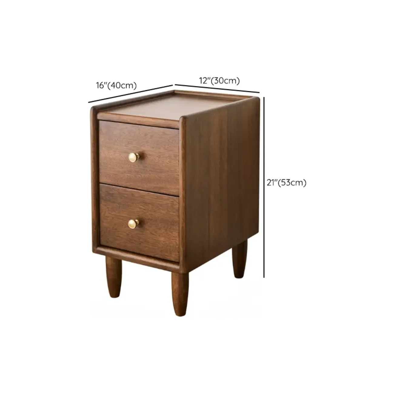 Art Deco Brown Wood Top 2 Drawer Nightstand with Legs #size