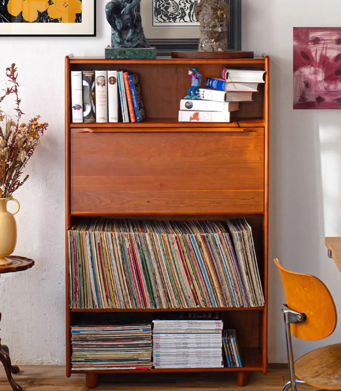 Mid-century Modern Wood Vertical Bookcase With Drop-down Door Image - 4
