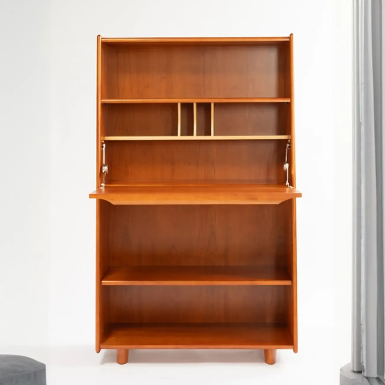 Mid-century Modern Wood Vertical Bookcase With Drop-down Door Image - 7