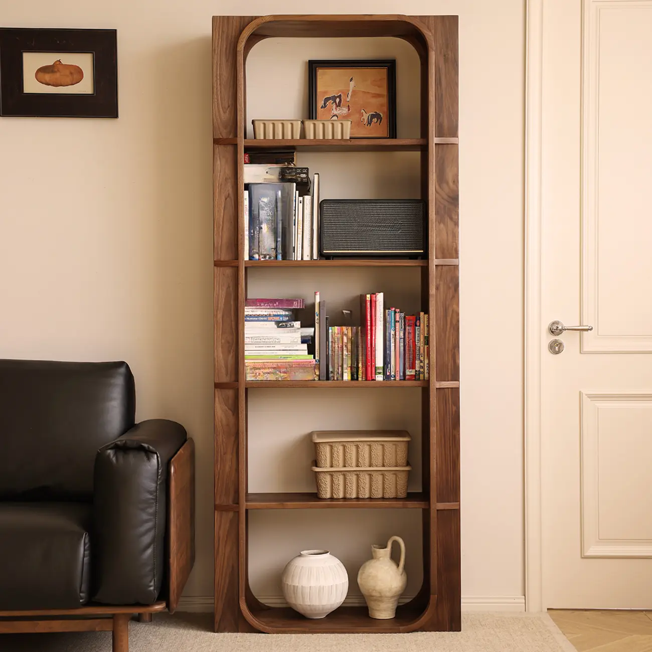 Walnut Modern Vertical Wood Bookshelf with Open Back Image - 1 | homeyfad