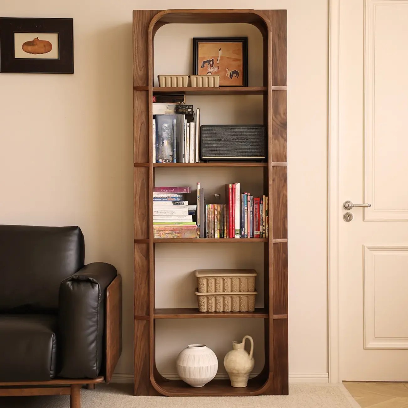 Walnut Modern Vertical Wood Bookshelf with Open Back Image - 1