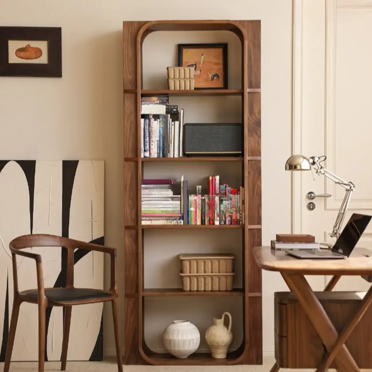 Walnut Modern Vertical Wood Bookshelf with Open Back Image - 3