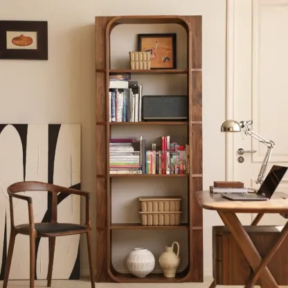 Walnut Modern Vertical Wood Bookshelf with Open Back Image - 3