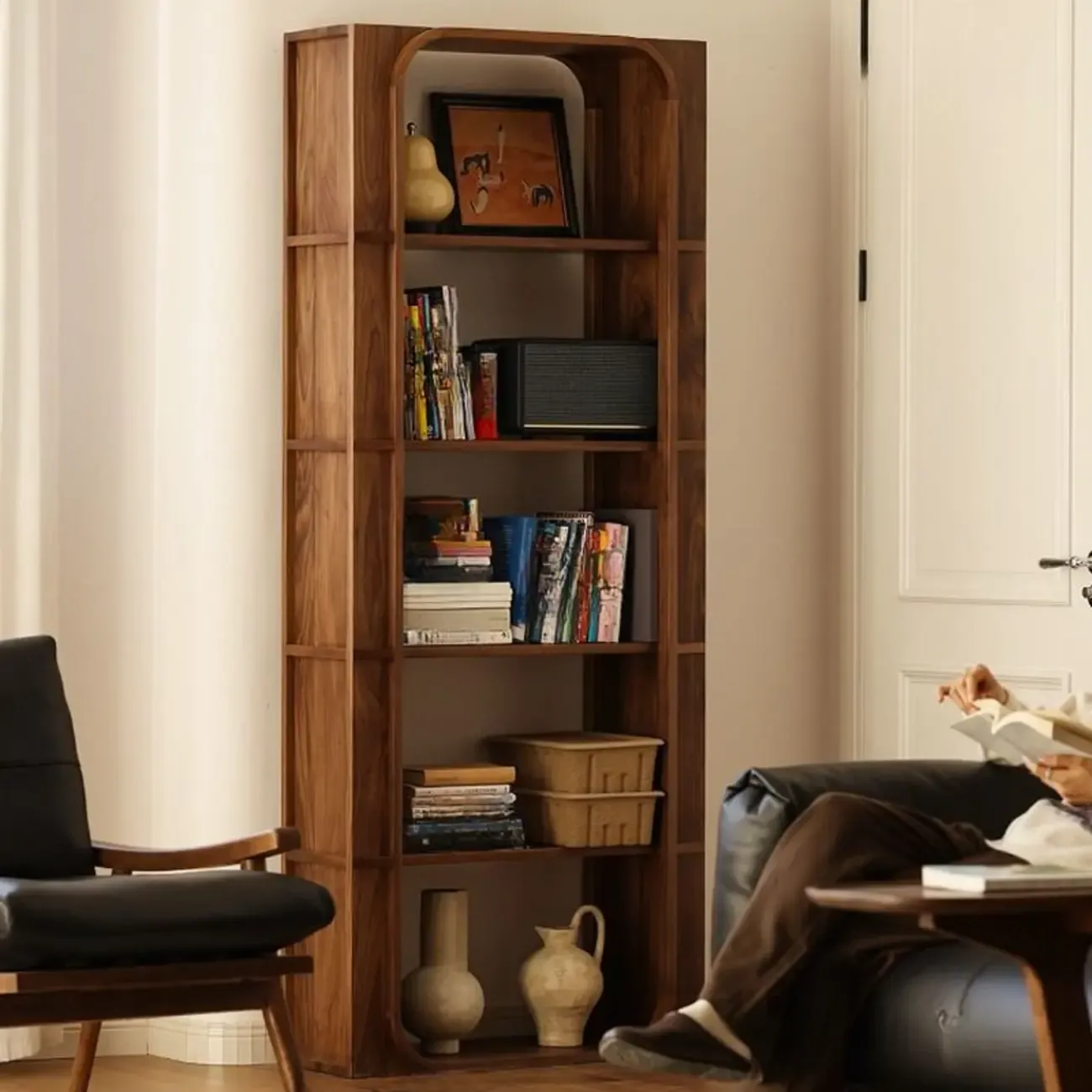 Walnut Modern Vertical Wood Bookshelf with Open Back Image - 4