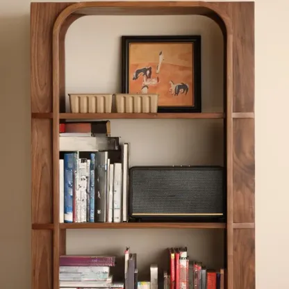 Walnut Modern Vertical Wood Bookshelf with Open Back Image - 8